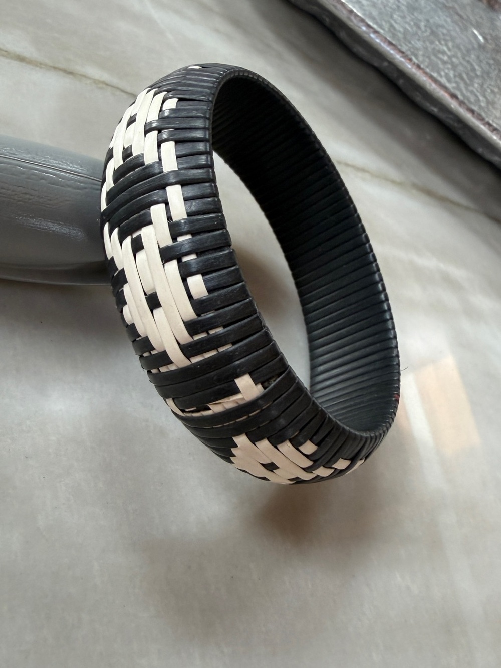 True Vintage Wide Band Woven Bangle Bracelet- Black and White